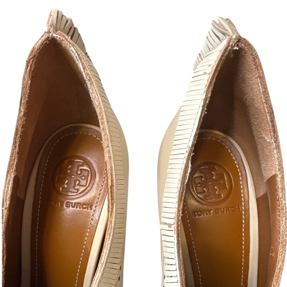 Tory Burch Yuma Fringe Feather Heel 7.5 Folk Art Block Pump - Picture 5 of 13